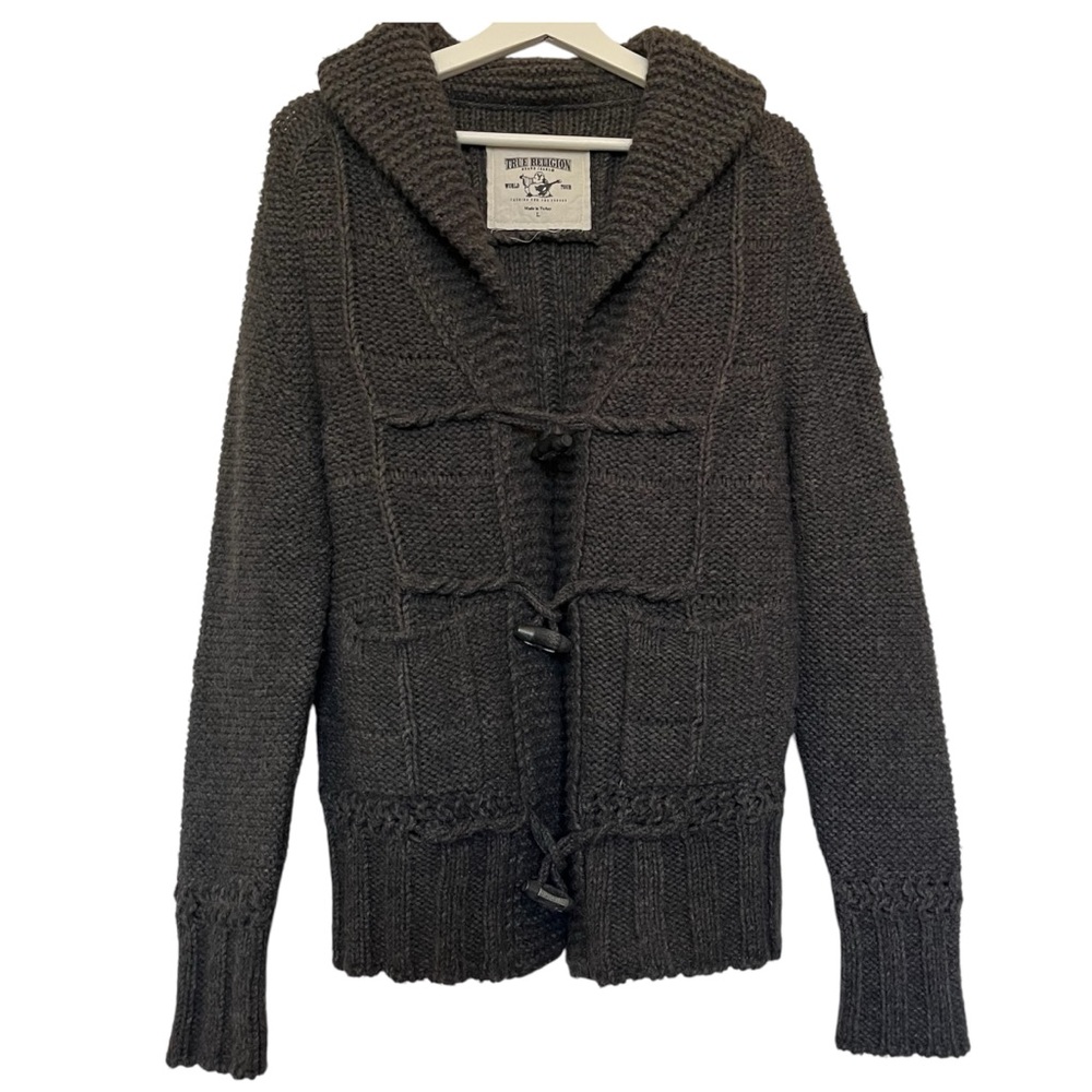 True Religion women’s L knitted cardigan charcoal patch wood buttons pockets
